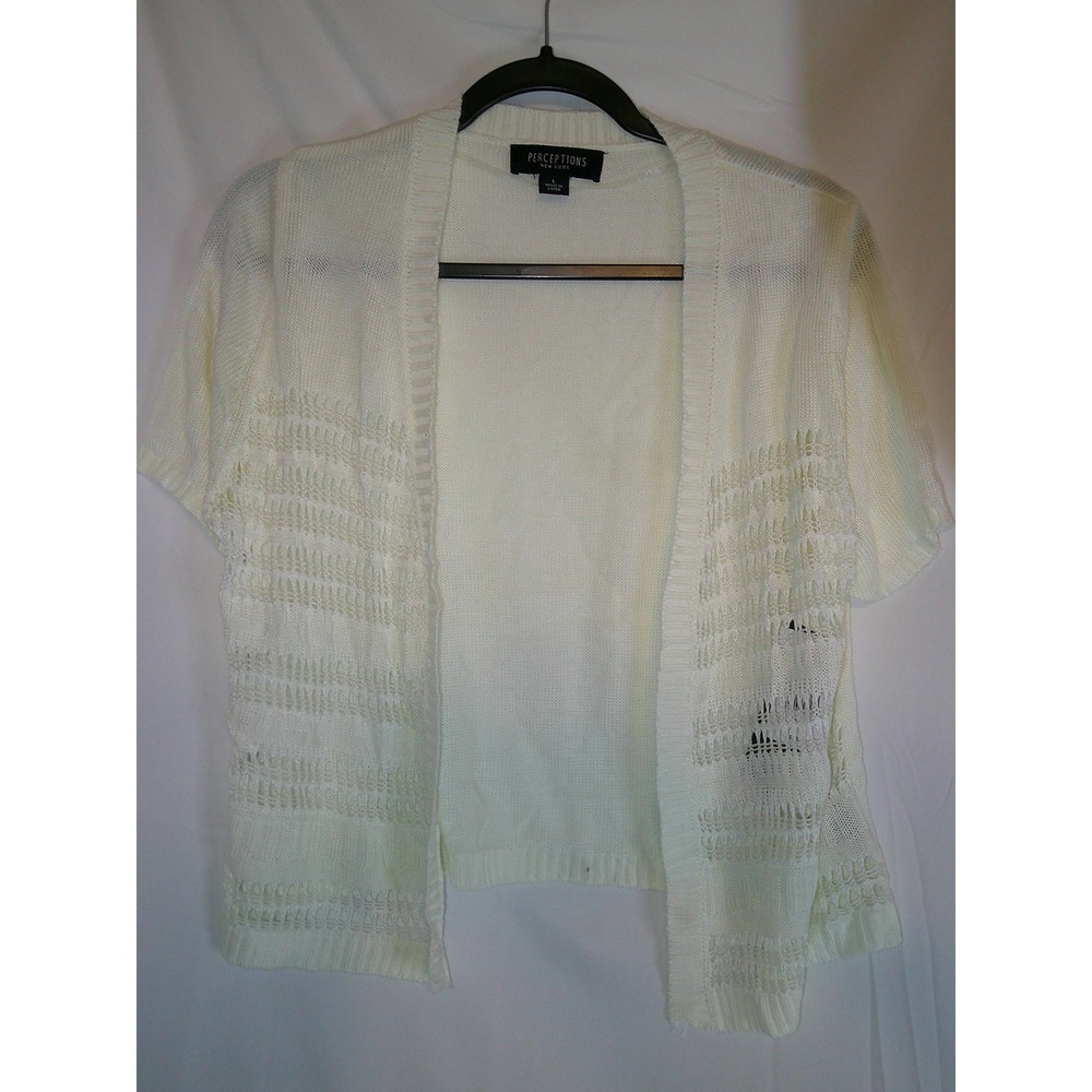 Perceptions New York White Short Sleeve‎ Open Knit Cardigan Womens Large $46 NWT